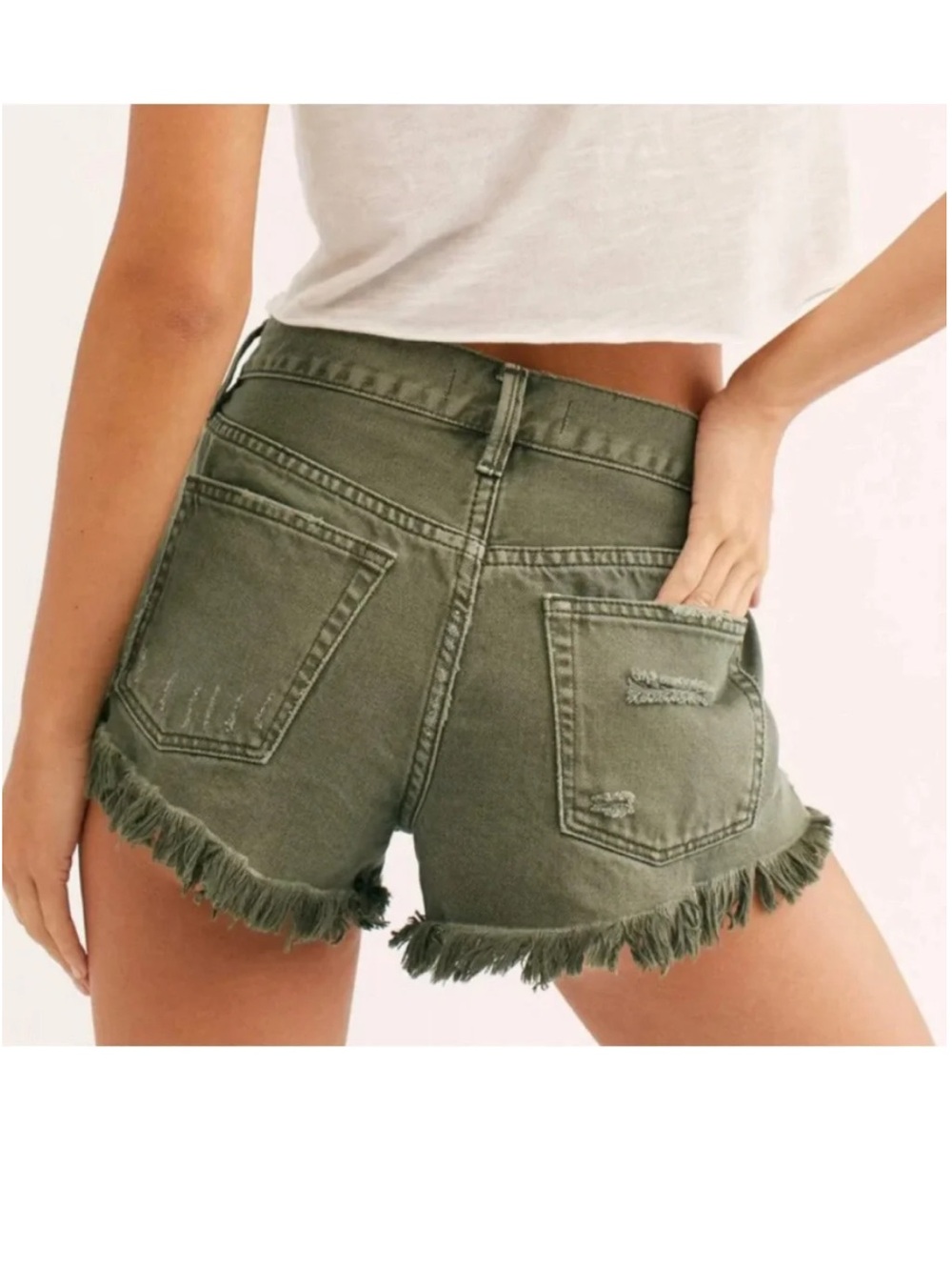 We The Free Olive Green Distressed Denim Shorts Size 25 - Picture 2 of 6